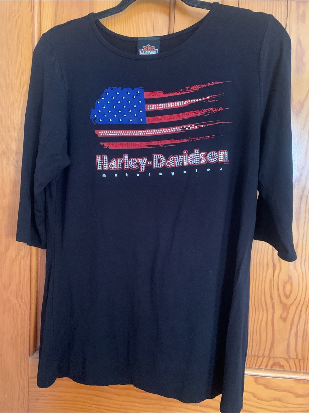 Harley-Davidson Black 3/4 Sleeve Tee with Red & Blue Crystal Flag Graphic